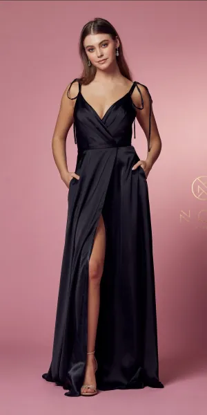 Nox Anabel R1029 Satin Floor Length Formal Dress with Slit