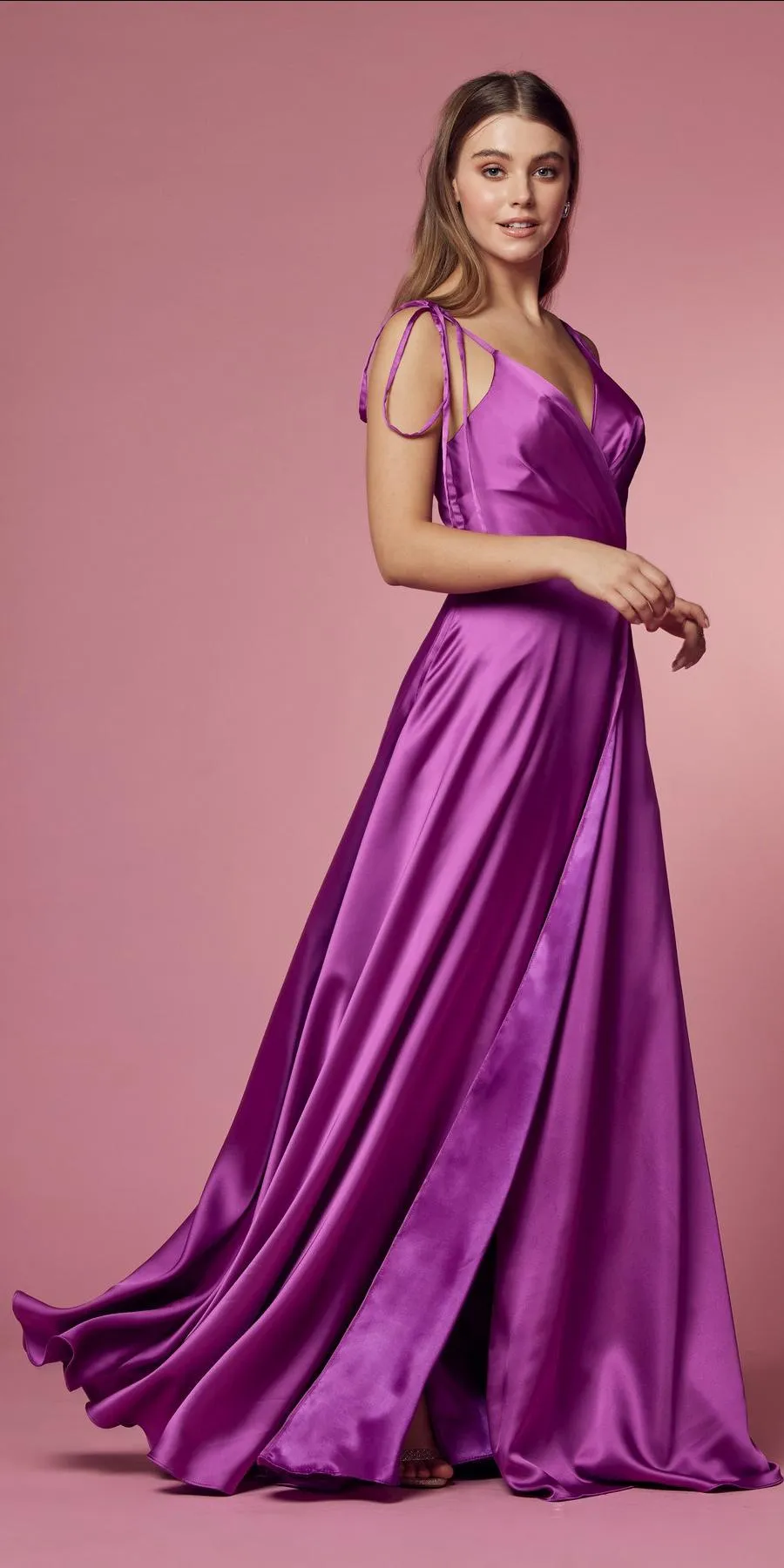 Nox Anabel R1029 Satin Floor Length Formal Dress with Slit