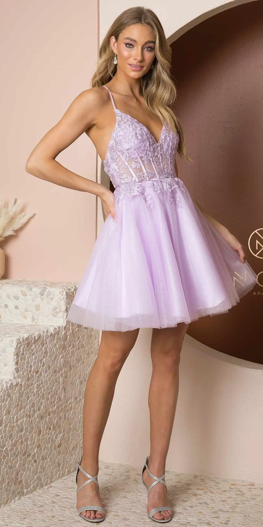 Nox Anabel T739 Embroidery Bodice A-Line With Lace Up Back Short Dress