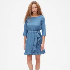Nwot Gap Wrap Chambray Ruffle Hem Dress - Size Medium
