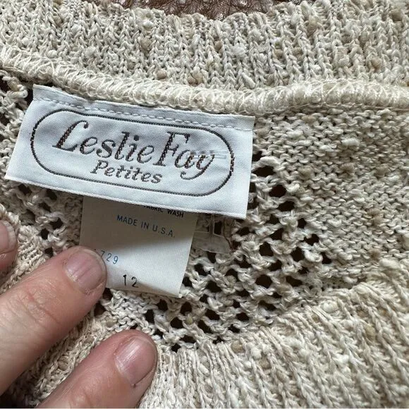 NWT 70s Leslie Fay Petites Sheer Ivory Crocheted Top &amp; Skirt - Women 12 -Cottage