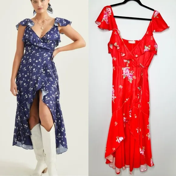 NWT Altar’d State Red Floral Faux Wrap Midi Dress