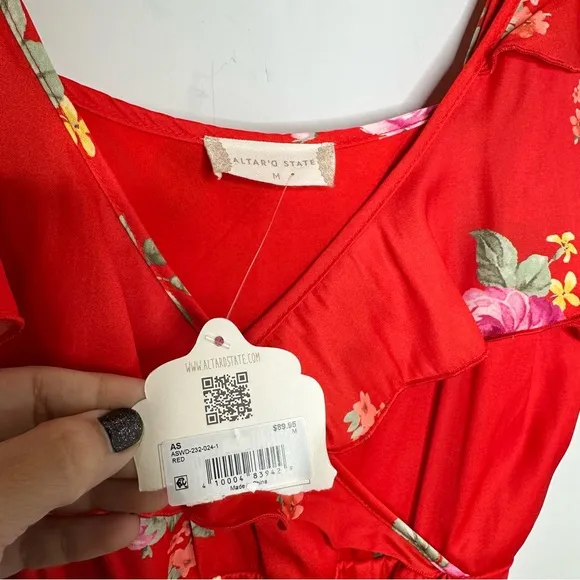NWT Altar’d State Red Floral Faux Wrap Midi Dress