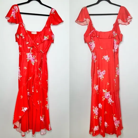 NWT Altar’d State Red Floral Faux Wrap Midi Dress