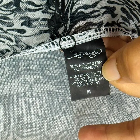 NWT Ed Hardy Snow Tiger Print Sheer Ruched Dress Women’s Size Medium