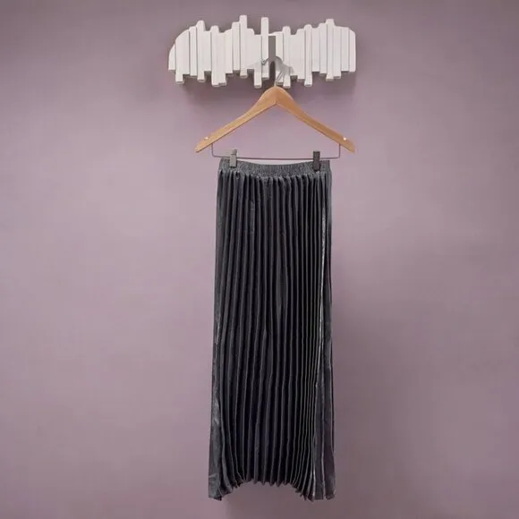 NWT En Saison Mona Pleated Midi Skirt in Metallic Grey