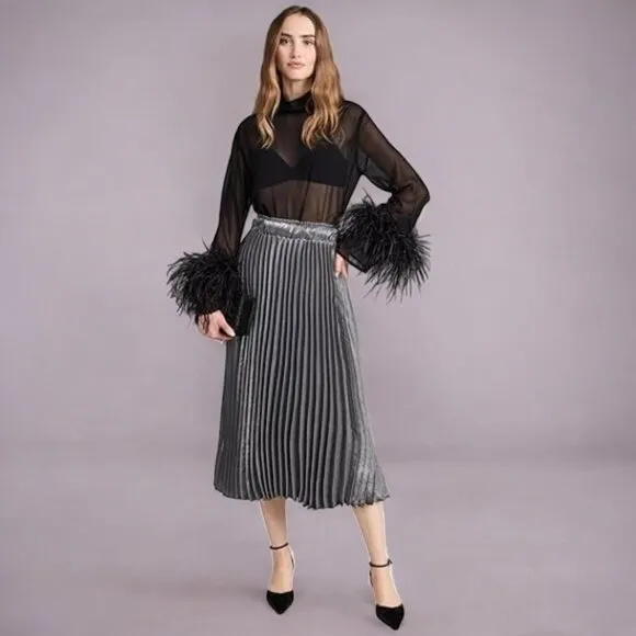 NWT En Saison Mona Pleated Midi Skirt in Metallic Grey