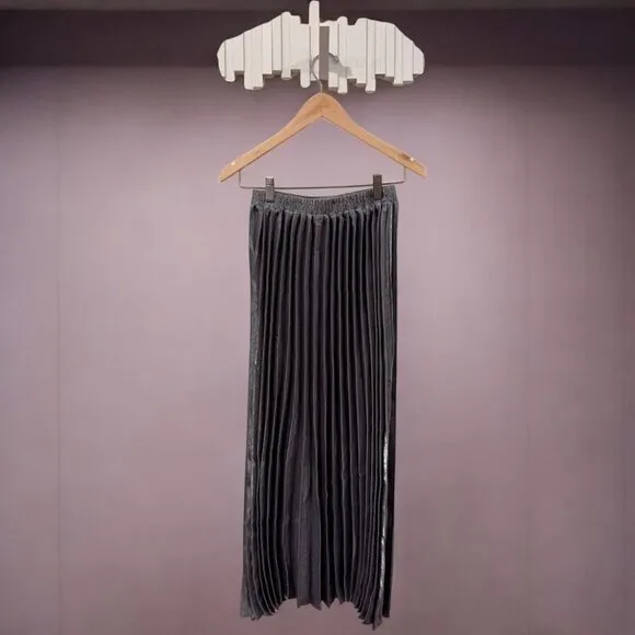 NWT En Saison Mona Pleated Midi Skirt in Metallic Grey