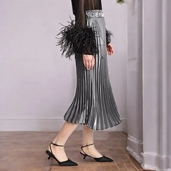NWT En Saison Mona Pleated Midi Skirt in Metallic Grey