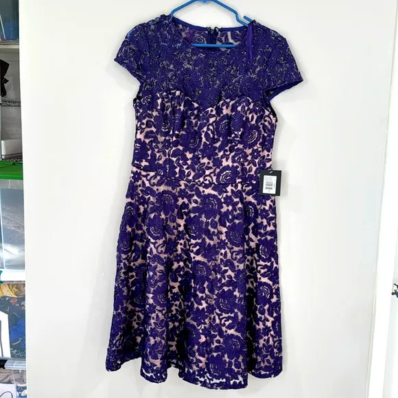 NWT Marina Metallic purple lace cocktail party dress