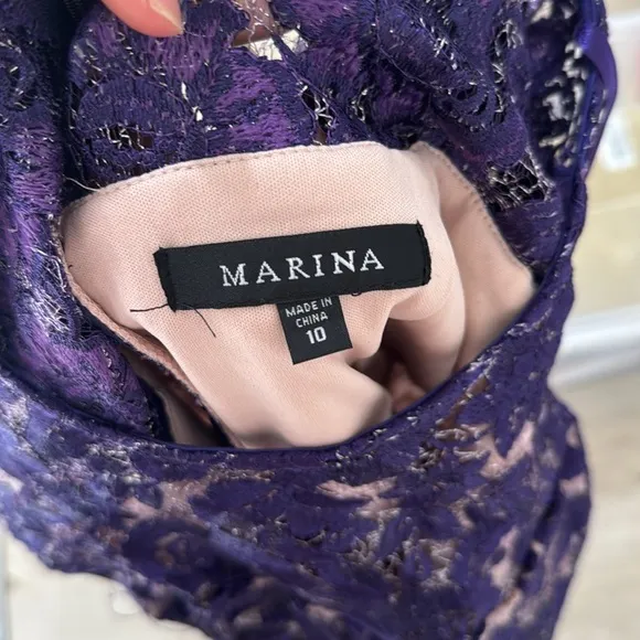 NWT Marina Metallic purple lace cocktail party dress