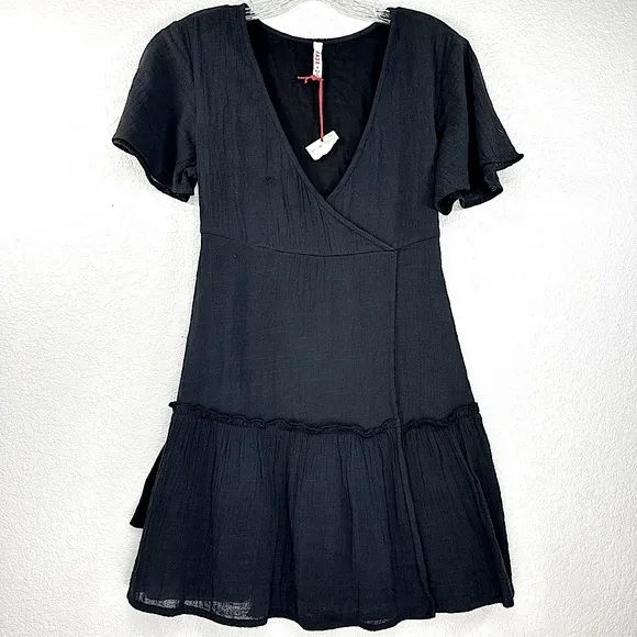 NWT Raga Sienna‎ Mini Faux Wrap Dress Fully Lined Cotton Gauze Black Small