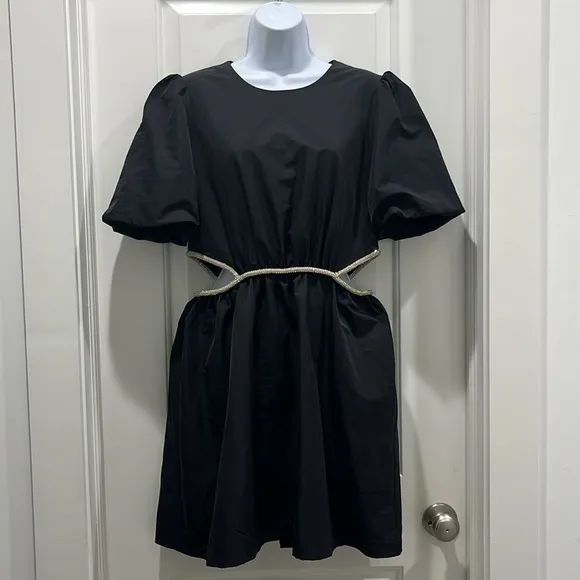 NWT WAYF Puff Sleeve Cut Out Mini Black Dress Sz M