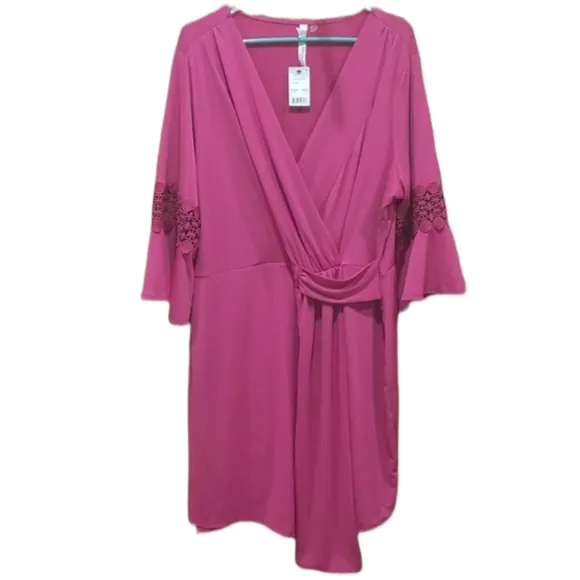 NY COLLECTION pink jersey knit &amp; lace wrap dress plus size NWT sz 2X