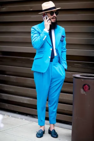Ocean Blue Close Fitting Peaked Lapel Men Suits for Prom