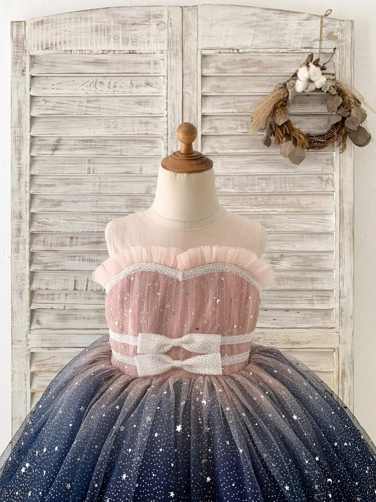 Ombre Pink / Navy Stars Tulle Wedding Flower Girl Dress Kids Party Dress