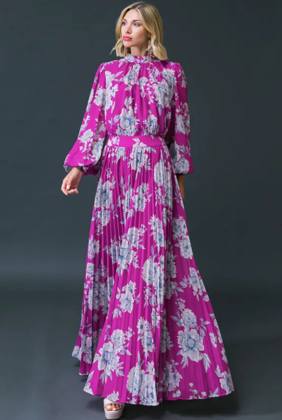 Orchid Floral Pleated Maxi Dress