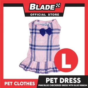 Pet Dress Pink/Blue Checkered Dress with Blue Ribbon (Large) Perfect Fit for Dogs and Cats