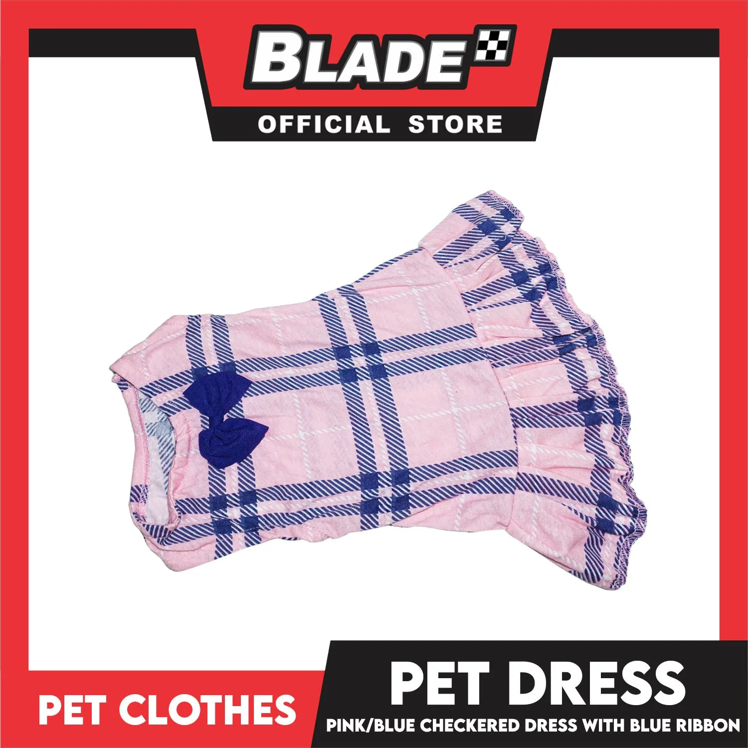 Pet Dress Pink/Blue Checkered Dress with Blue Ribbon (Large) Perfect Fit for Dogs and Cats