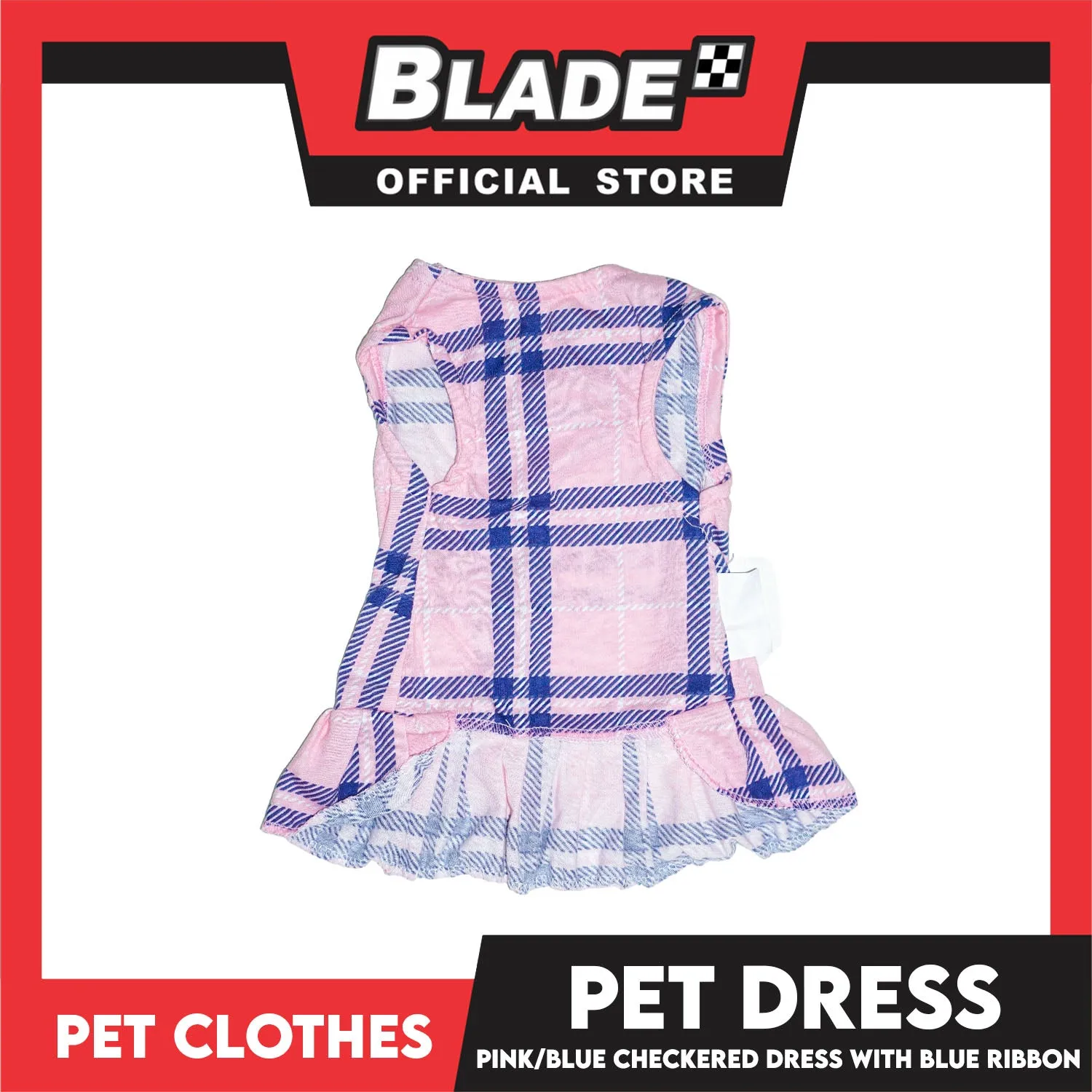 Pet Dress Pink/Blue Checkered Dress with Blue Ribbon (Large) Perfect Fit for Dogs and Cats