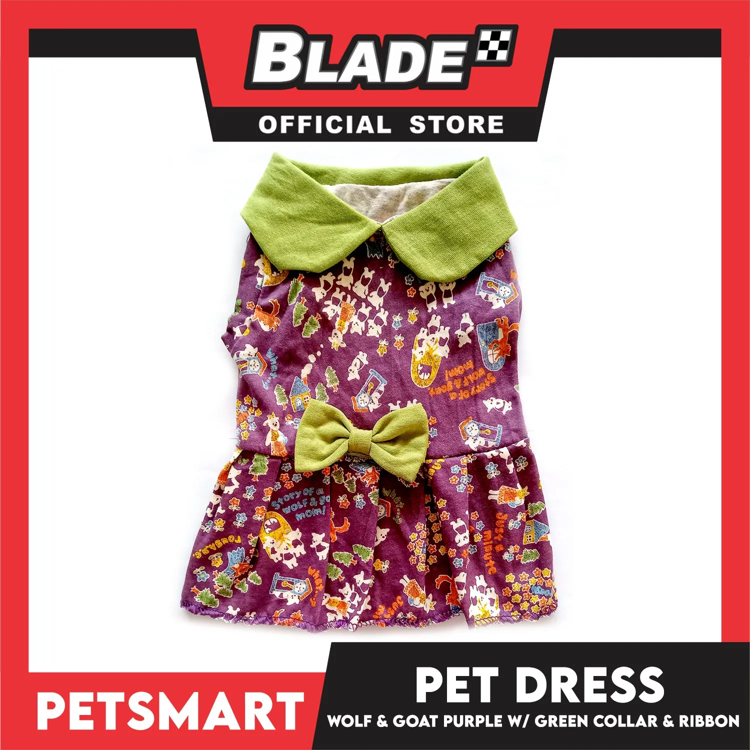 Pet Dress Wolf and Goat Design, Purple with Green Collar and Ribbon Color DG-CTN141XL (XL) Perfect Fit For Dogs And Cats