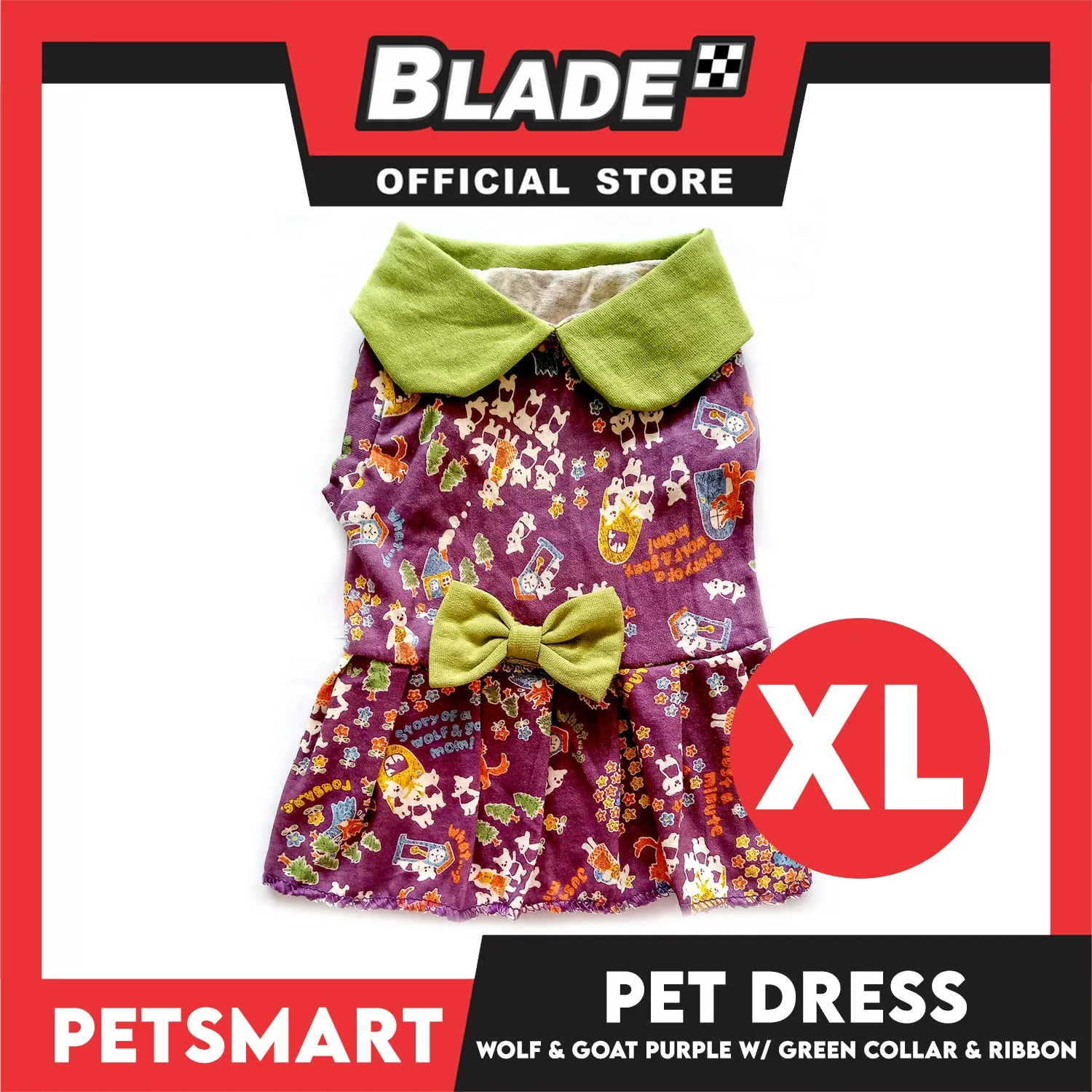 Pet Dress Wolf and Goat Design, Purple with Green Collar and Ribbon Color DG-CTN141XL (XL) Perfect Fit For Dogs And Cats