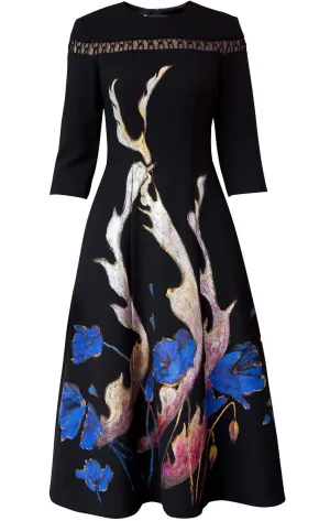PHOENIX IN POPPY-PAINTED MIDI BLACK DRESS