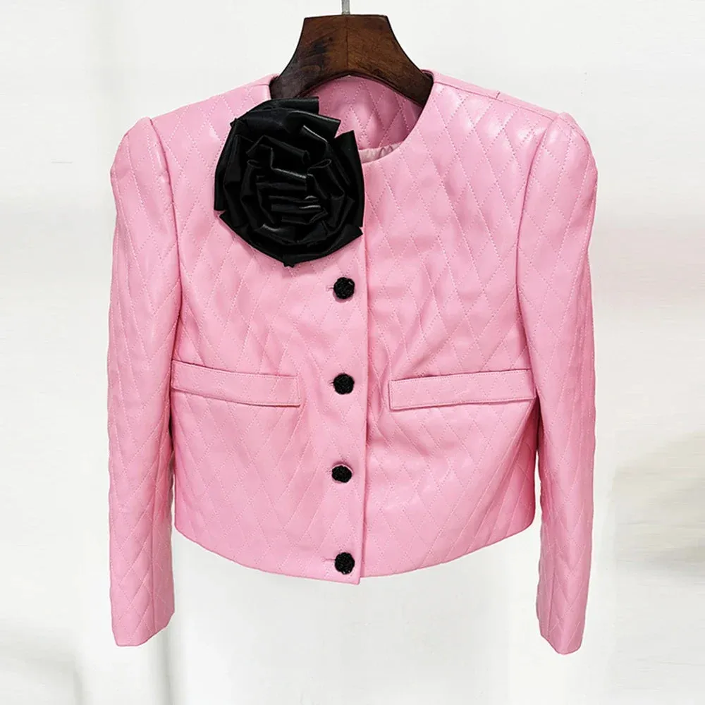 Pink Diamond Quilted Short Leather Jacket Leather Mini Skirt