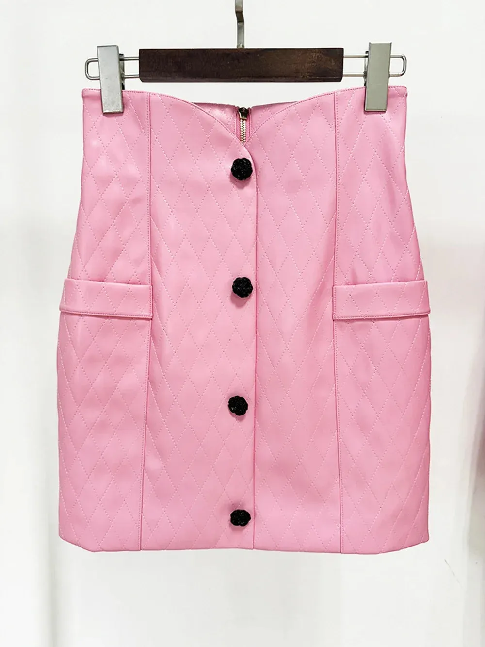 Pink Diamond Quilted Short Leather Jacket Leather Mini Skirt