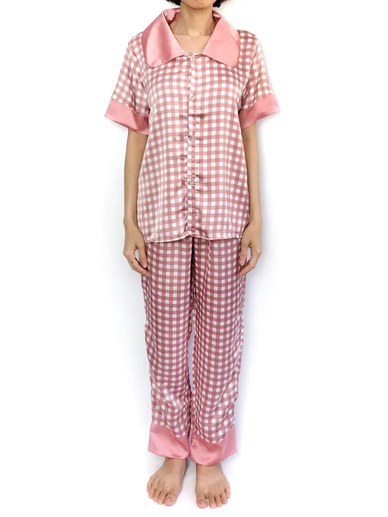 Pink Peter Pan Collar Grid Pajama Set
