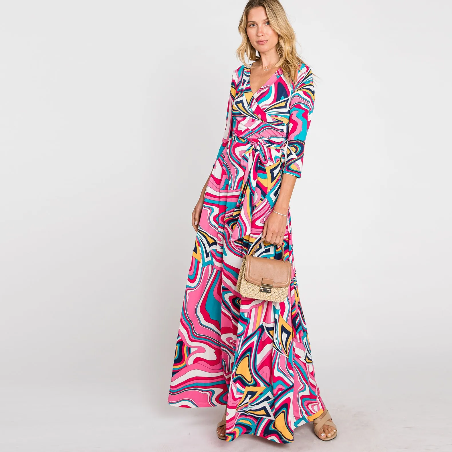 Pink Water Color Venechia Maxi Wrap Dress
