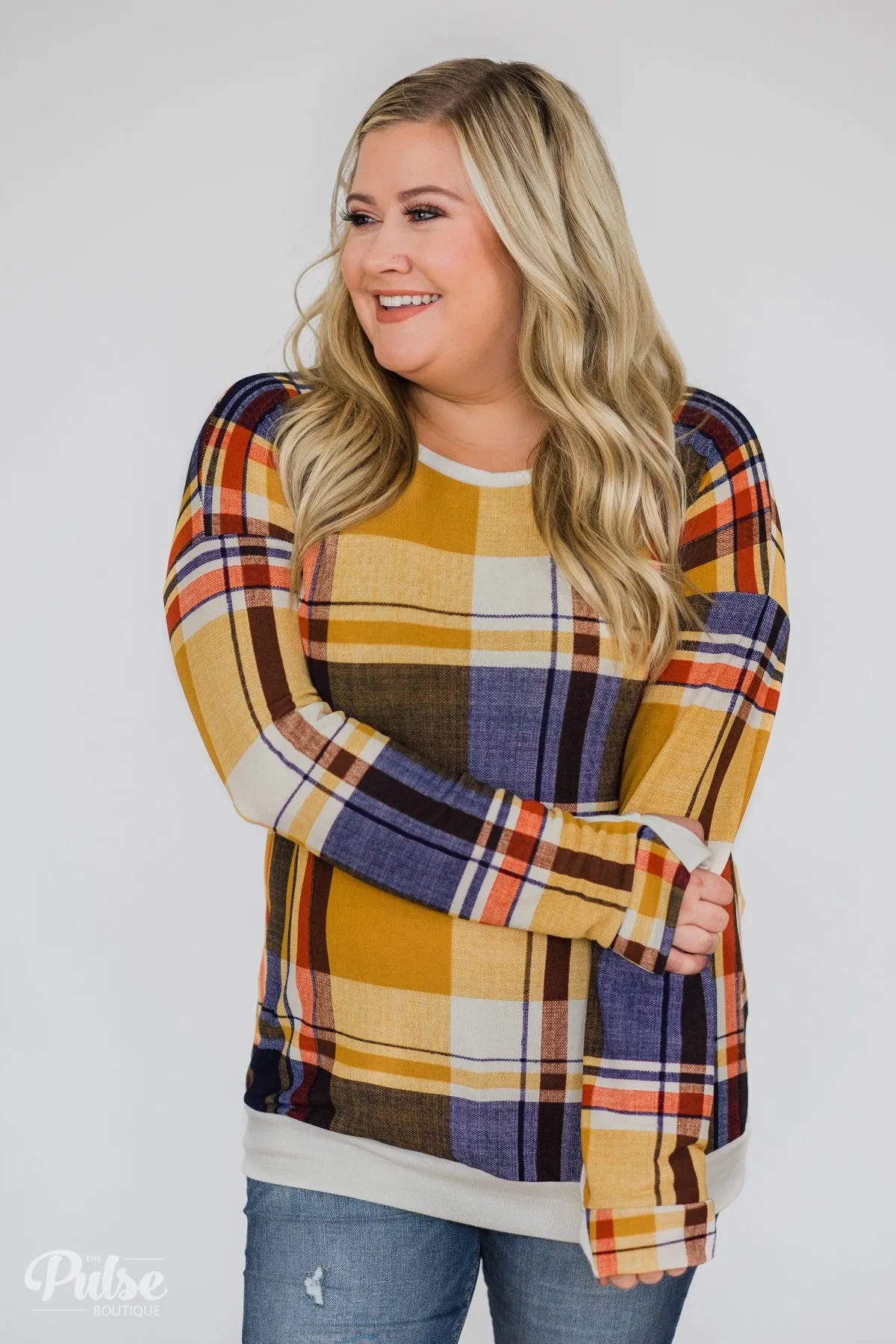 Plaid Thumb Hole Crew Neck Top- Mustard