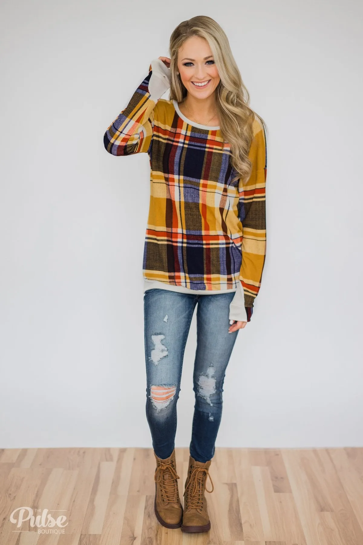 Plaid Thumb Hole Crew Neck Top- Mustard