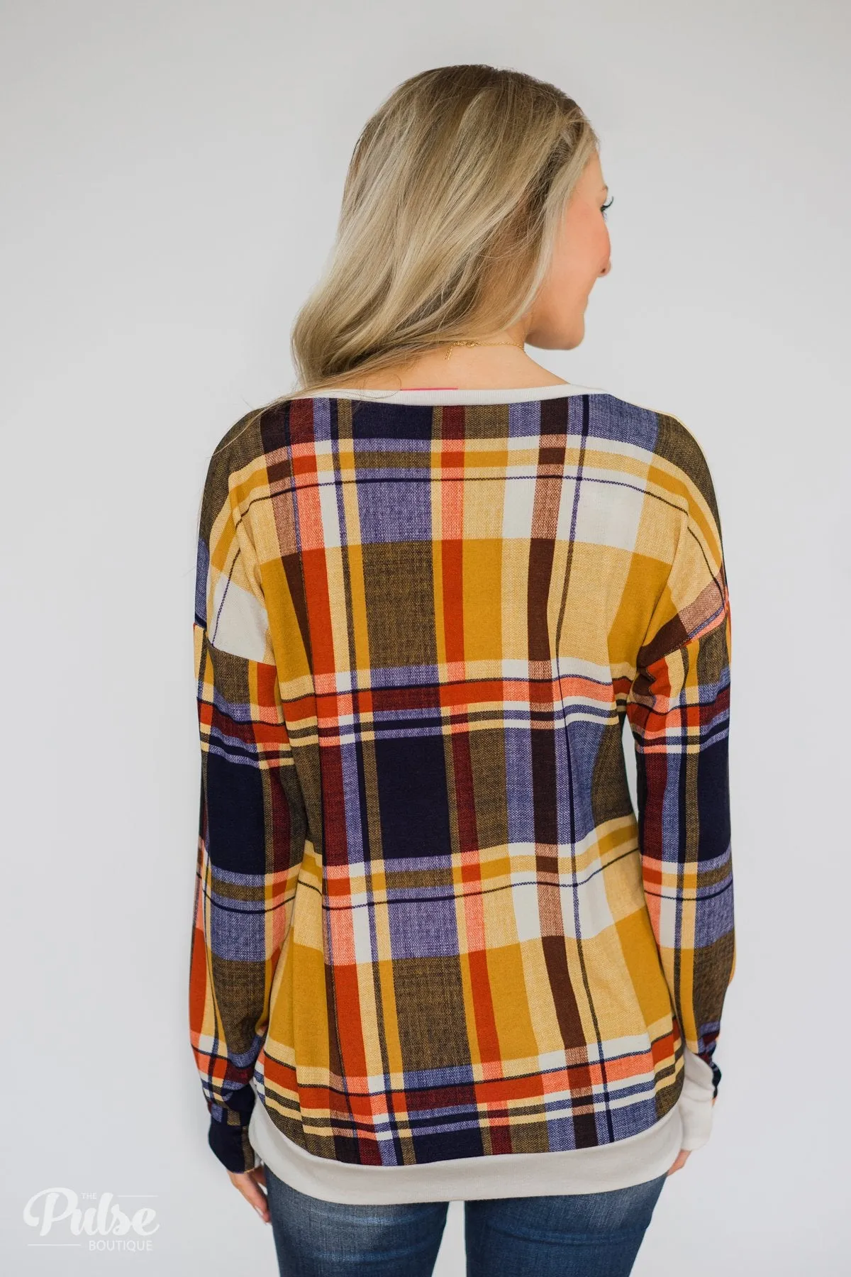 Plaid Thumb Hole Crew Neck Top- Mustard