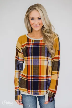 Plaid Thumb Hole Crew Neck Top- Mustard