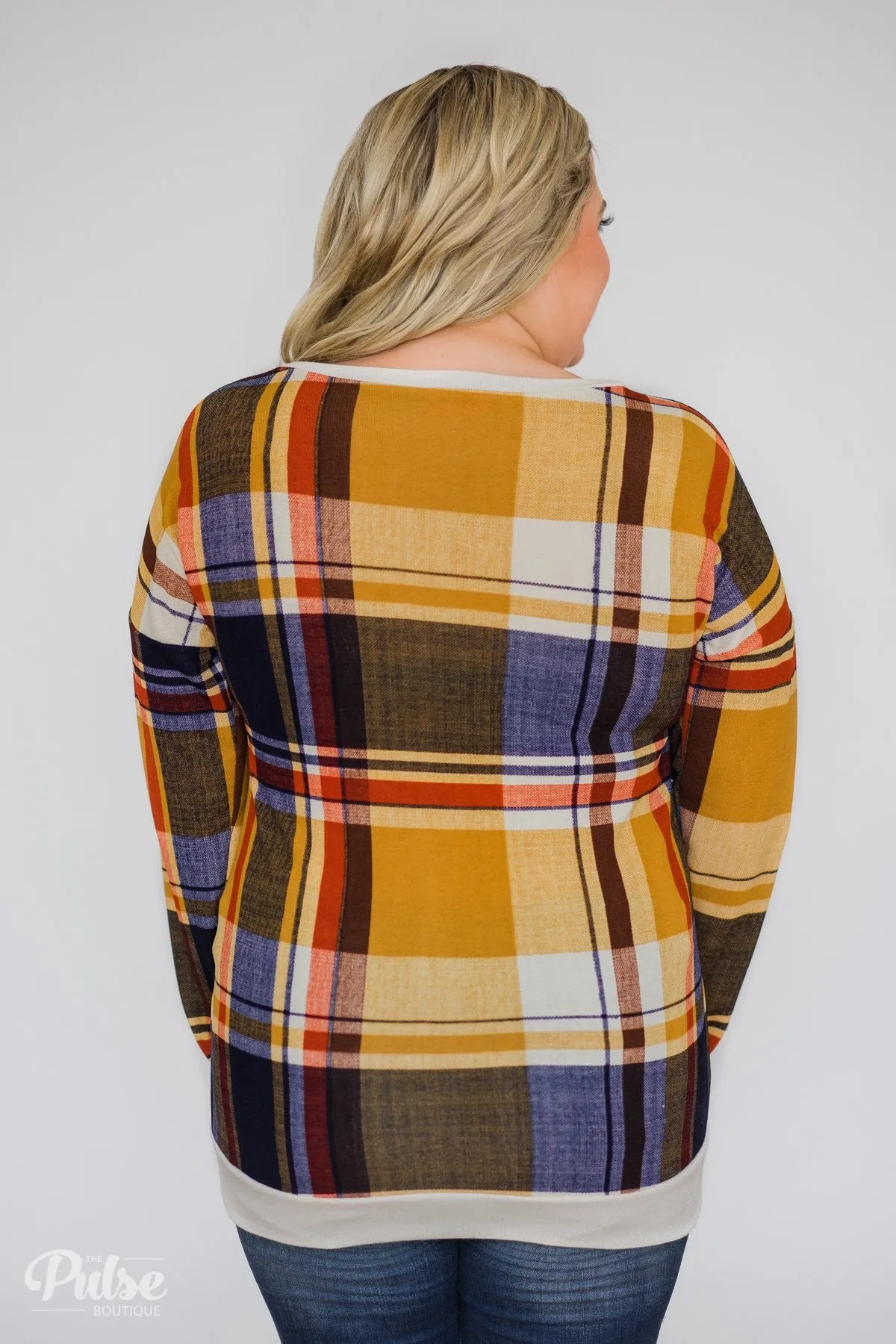 Plaid Thumb Hole Crew Neck Top- Mustard
