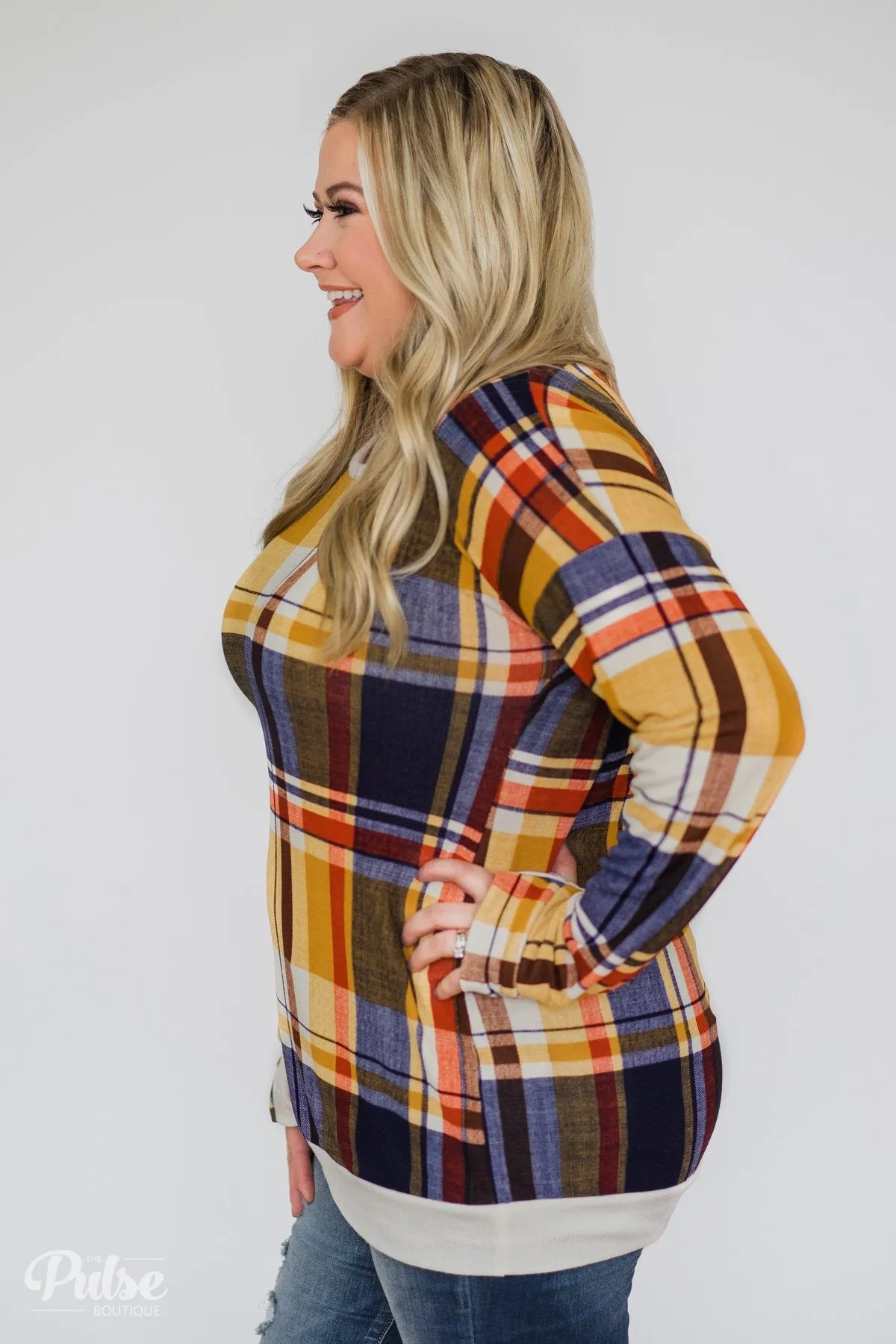 Plaid Thumb Hole Crew Neck Top- Mustard