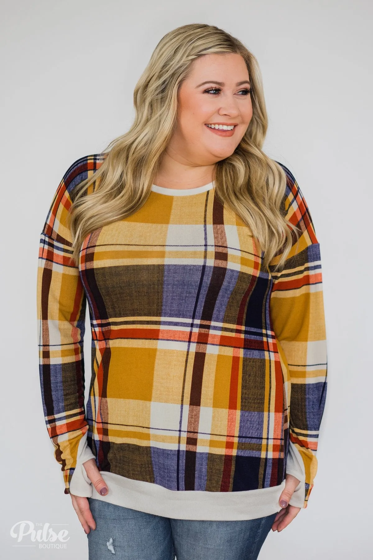 Plaid Thumb Hole Crew Neck Top- Mustard