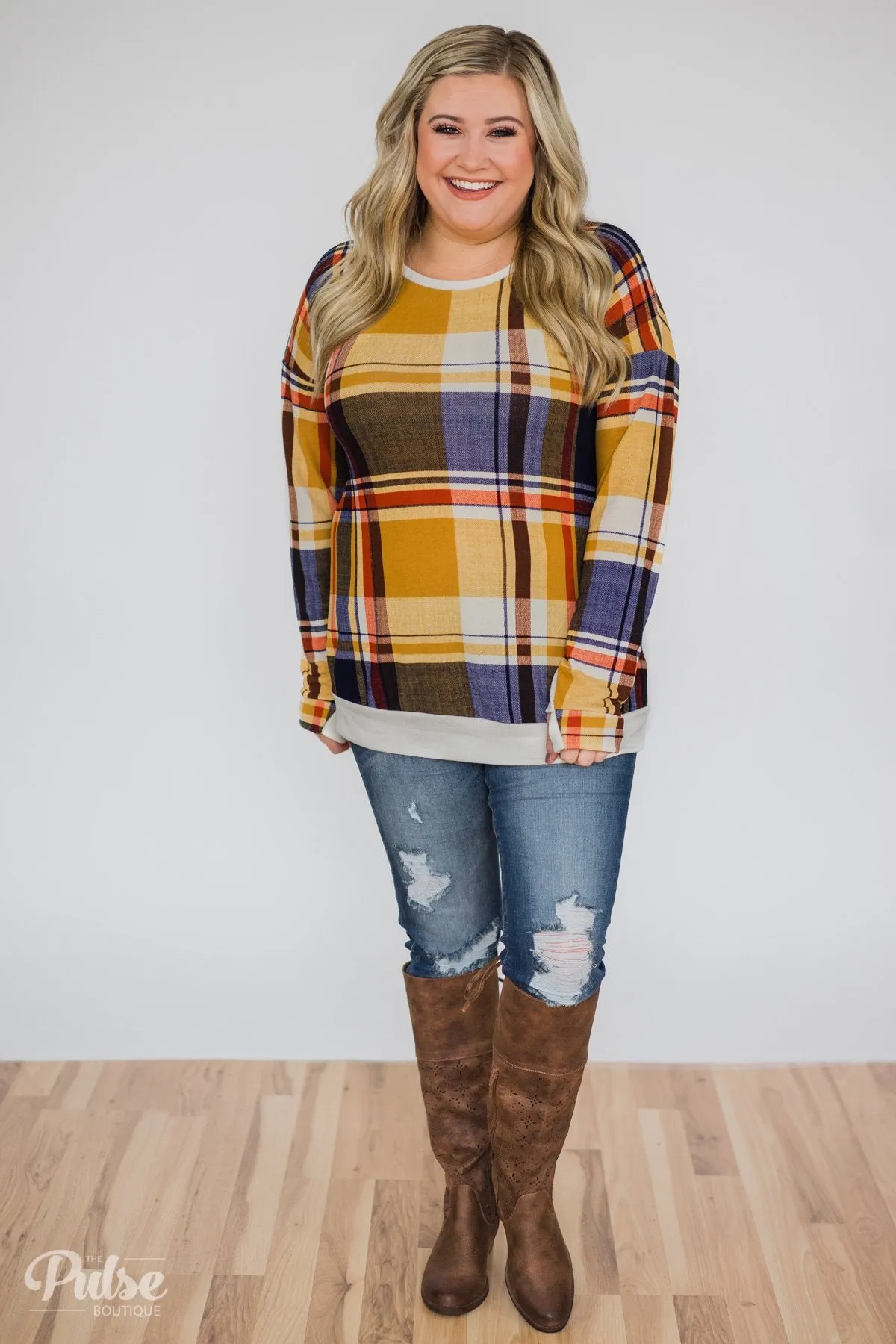 Plaid Thumb Hole Crew Neck Top- Mustard