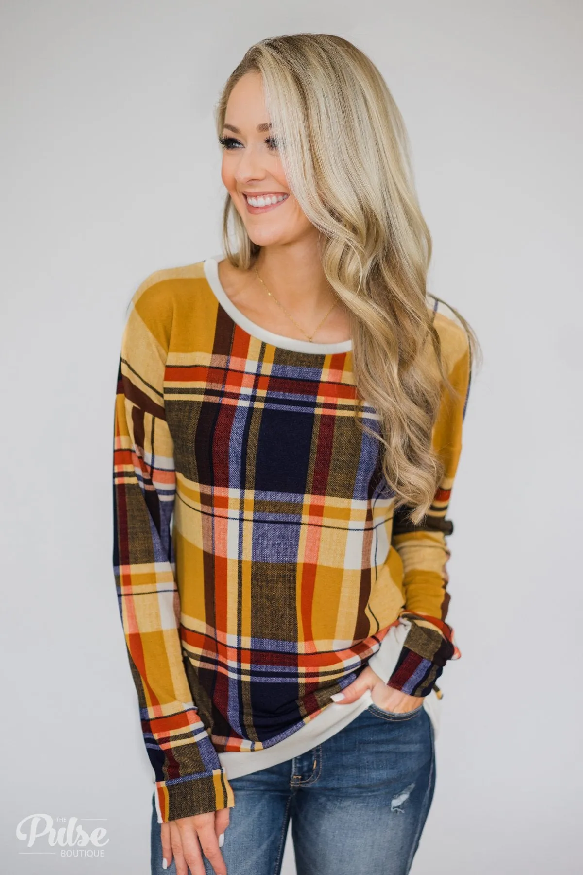 Plaid Thumb Hole Crew Neck Top- Mustard