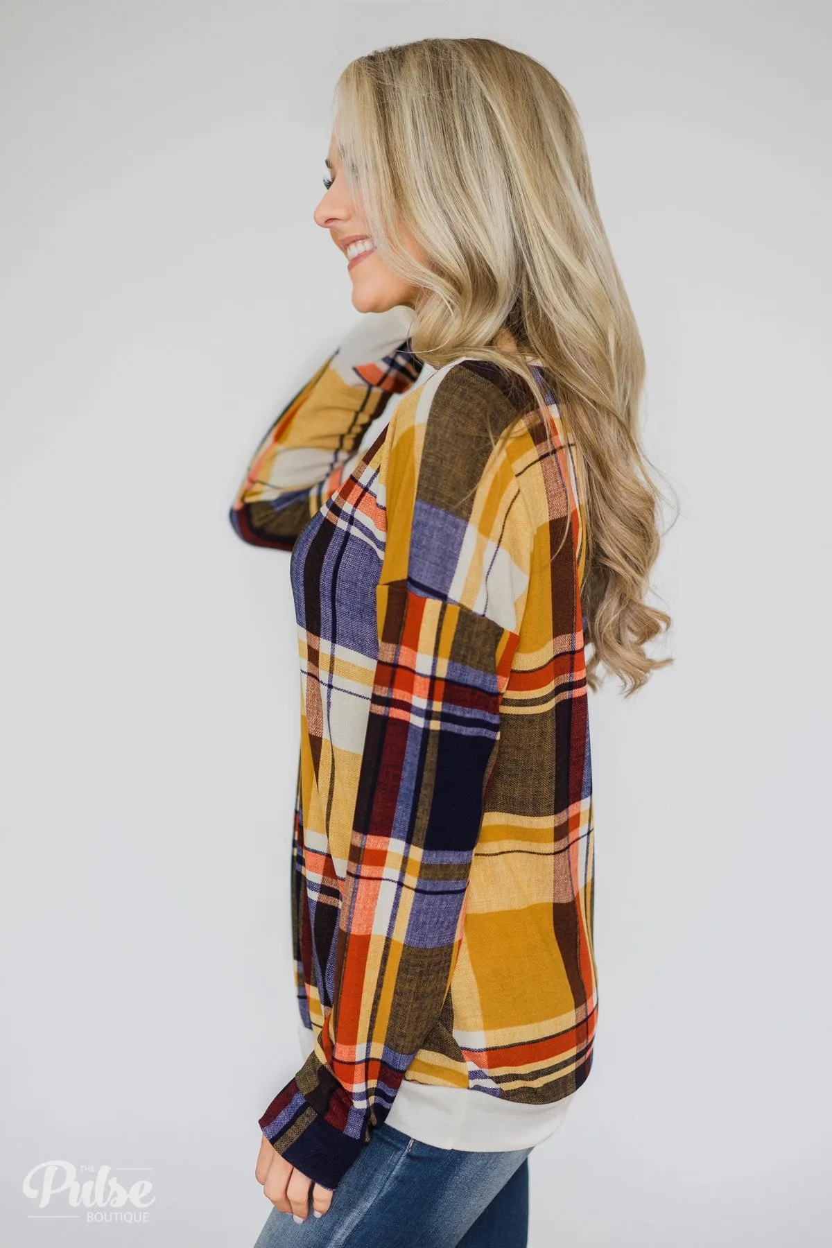 Plaid Thumb Hole Crew Neck Top- Mustard