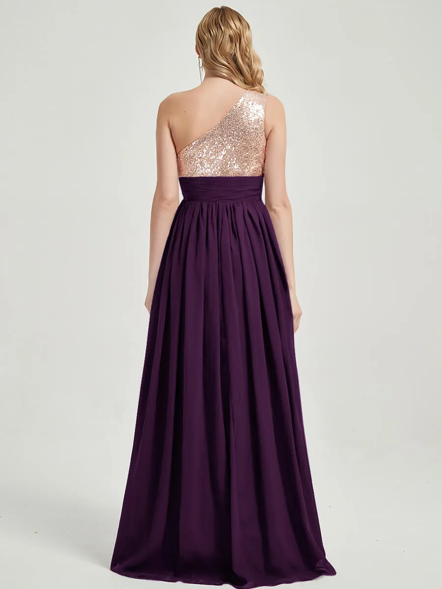 Plum One-Shoulder Sequin Chiffon Floor Length A-Line Bridesmaid Dress
