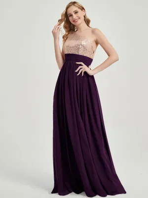Plum One-Shoulder Sequin Chiffon Floor Length A-Line Bridesmaid Dress