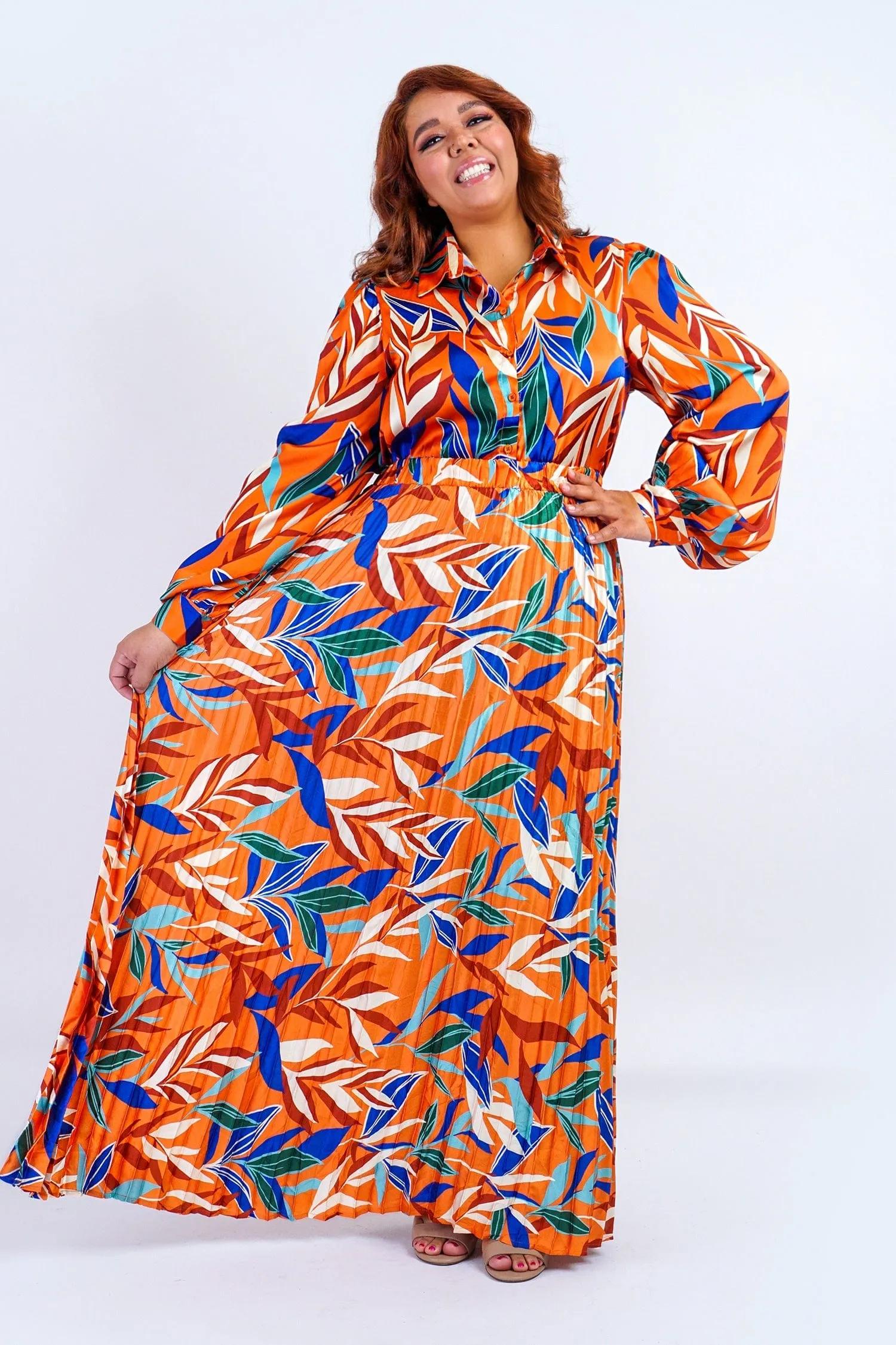 Plus Rust Multicolor Leaf Print Satin Pleated Skirt