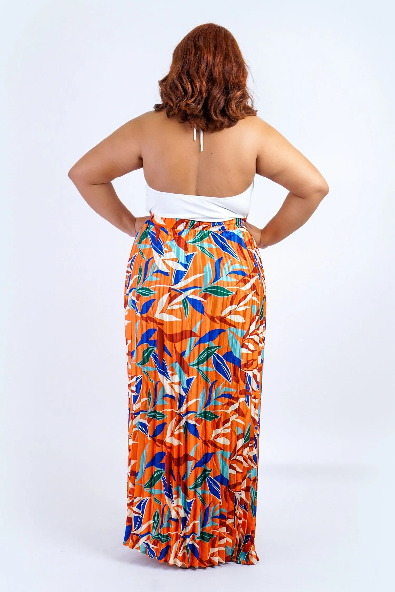 Plus Rust Multicolor Leaf Print Satin Pleated Skirt