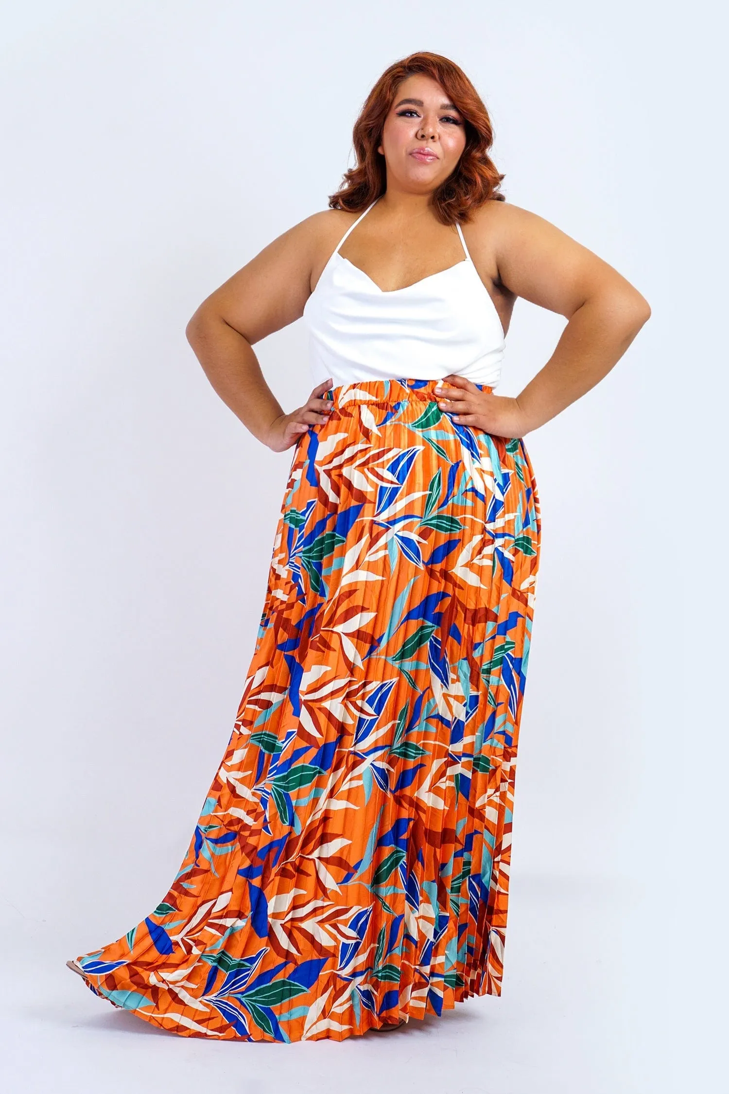 Plus Rust Multicolor Leaf Print Satin Pleated Skirt