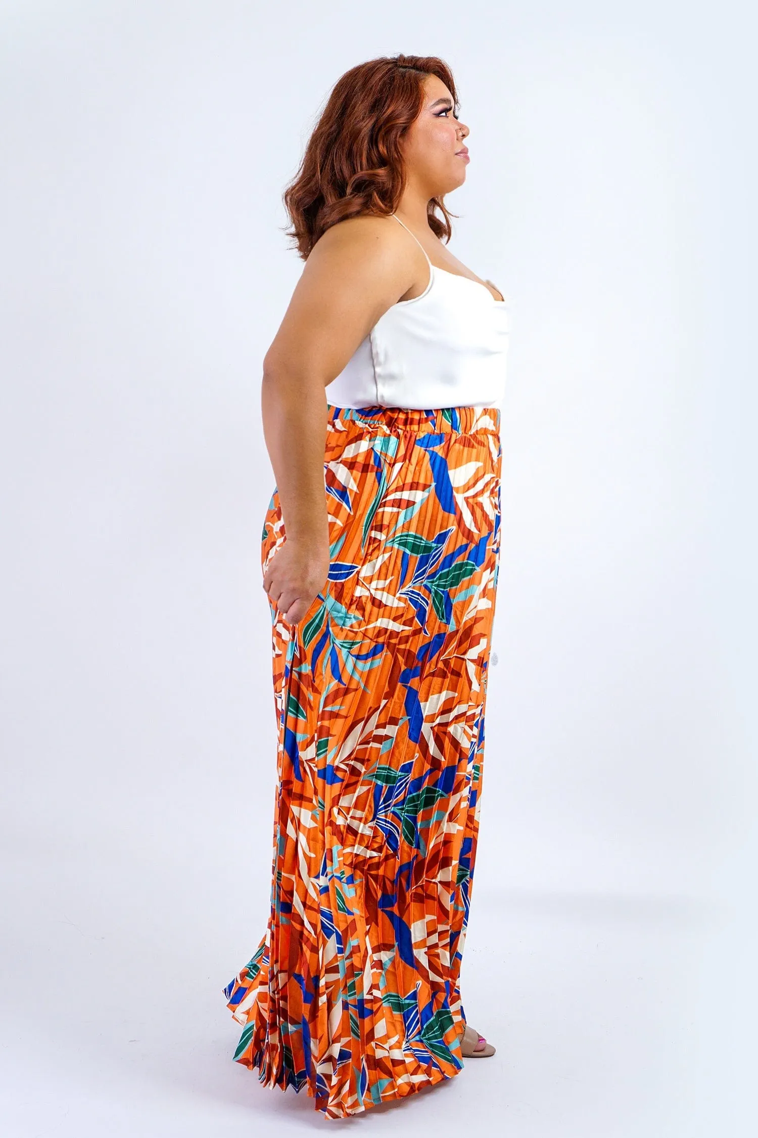 Plus Rust Multicolor Leaf Print Satin Pleated Skirt