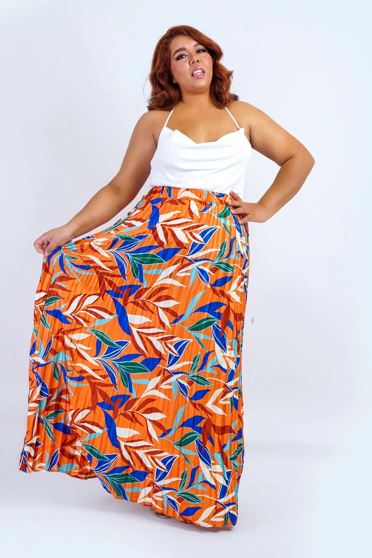 Plus Rust Multicolor Leaf Print Satin Pleated Skirt
