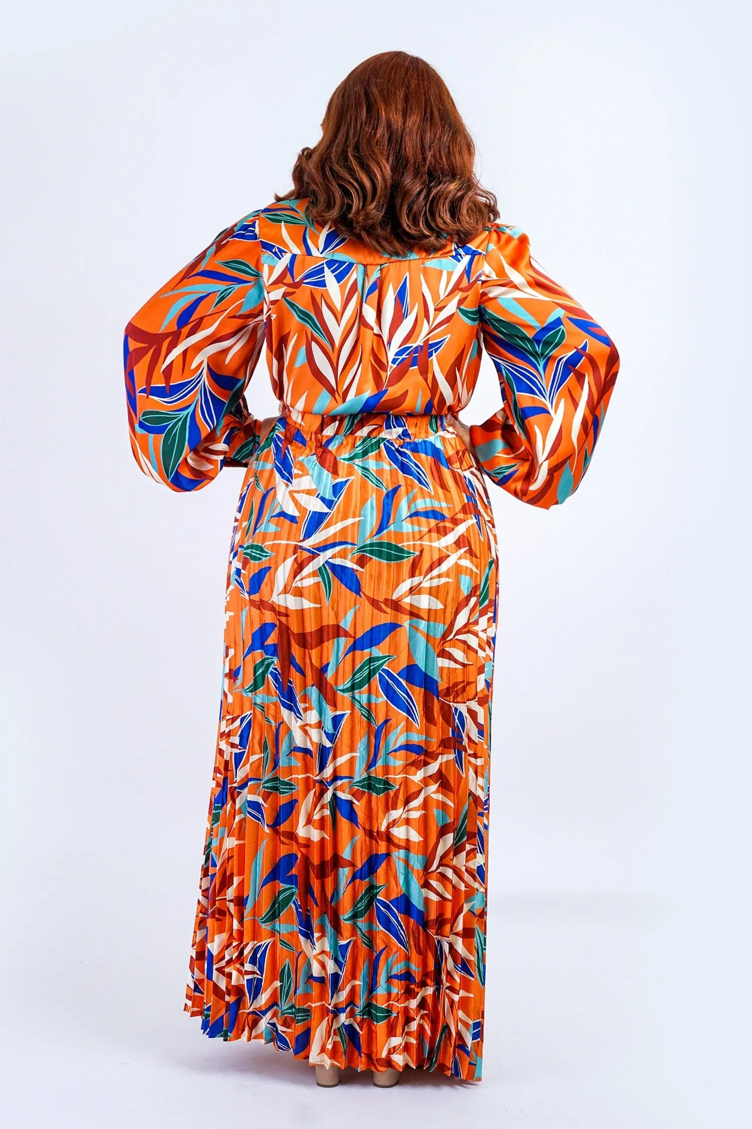Plus Rust Multicolor Leaf Print Satin Pleated Skirt