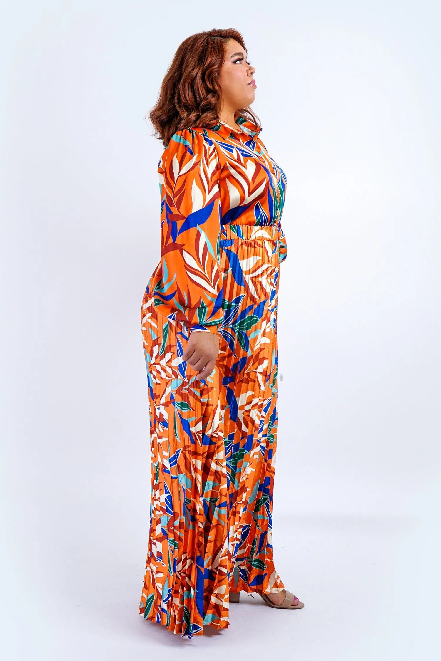 Plus Rust Multicolor Leaf Print Satin Pleated Skirt